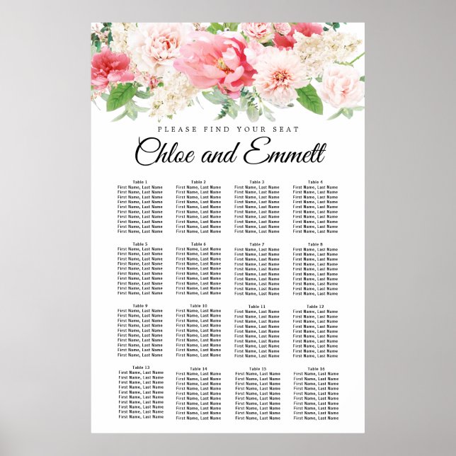 Póster Gran placa de asiento de 16 mesas con Boda de flor (Frente)