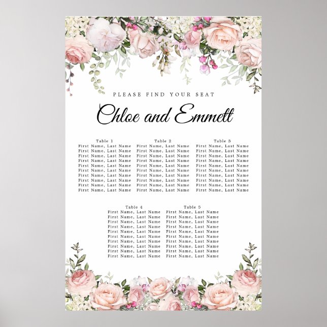Póster Gran placa de asiento de 5 mesas para Bodas de flo (Frente)