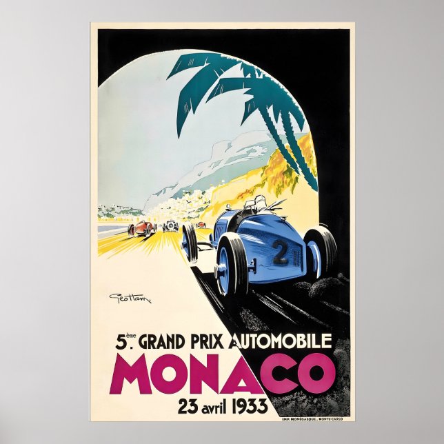 Póster Gran Premio 1933 Carreras de Coches Mónaco Francia (Frente)