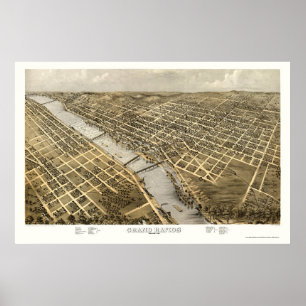 Póster Gran Rapids, Mapa Panorámico de MI - 1868