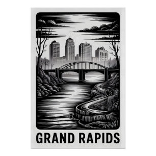 Póster Gran Rapids Michigan Silueta Urbana Grabado en Mad