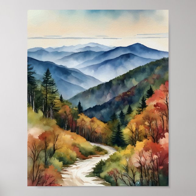 Póster Gran Smoky Mountains acuarela acuarela (Frente)