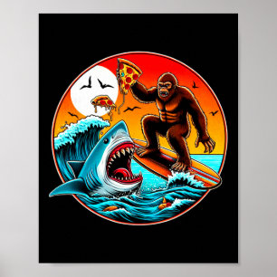 Póster Gran Surfista Comiendo Pizza Ataque de Tiburón Art