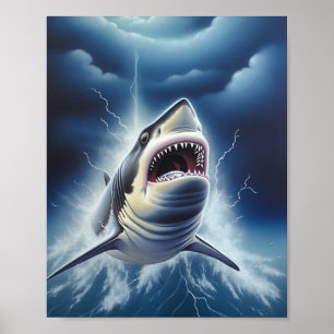 Póster Gran tiburón blanco en una noche tormentosa