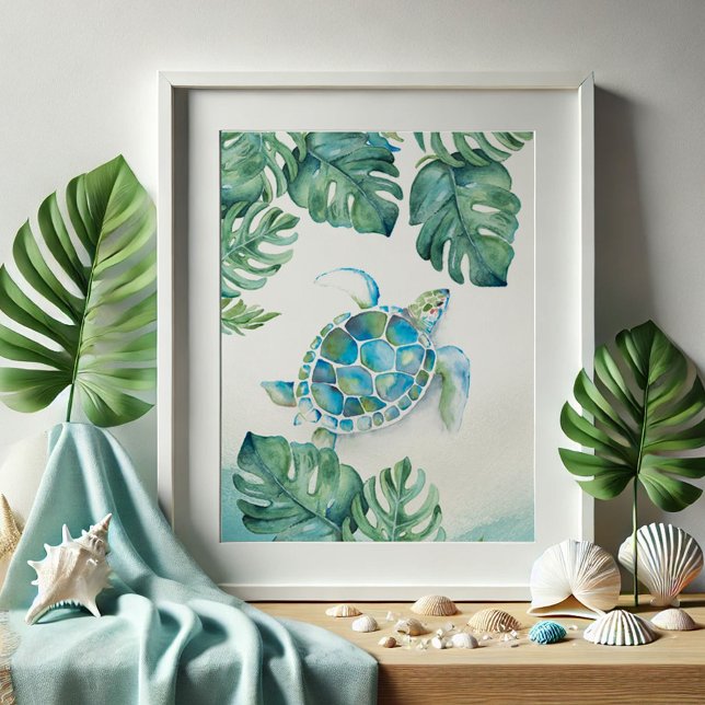 Póster Gran tortuga acuática y hojas de monstera (Beach pictures tropical watercolor sea turtle drawing art by Victoria Grigaliunas Do Tell A Belle)