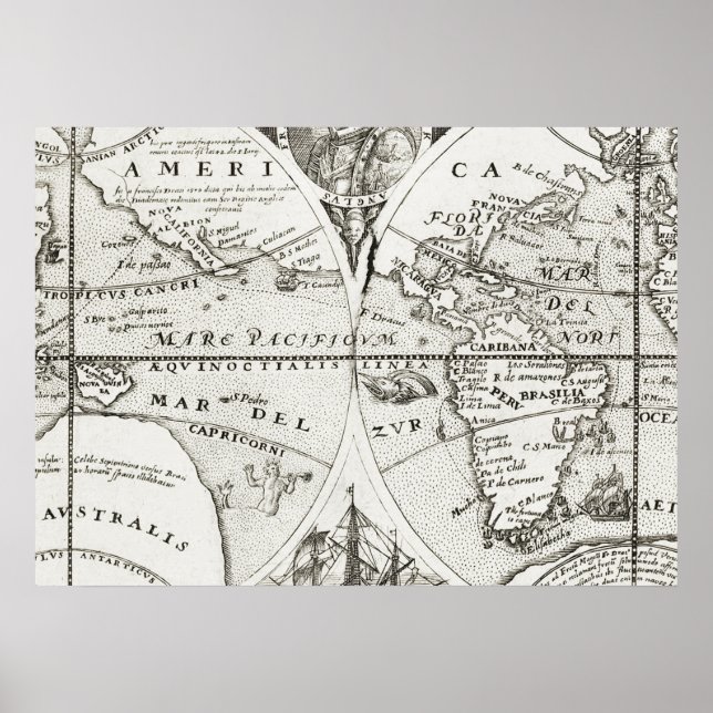 Póster Gran Viaje Antiguo Mapa General del Mundo (Frente)