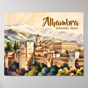 Póster Granada España Alhambra Aquarela Viajes Antiguos