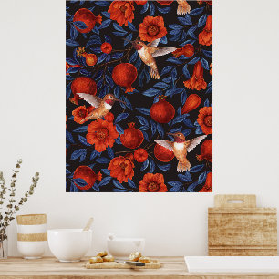 Póster Granadas y colibríes/hojas verdes en negro