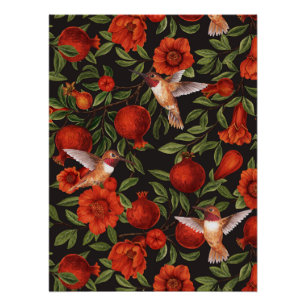 Póster Granadas y colibríes/hojas verdes en negro