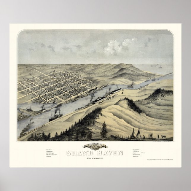 Póster Grand Haven, Mapa Panorámico de MI - 1868 (Frente)