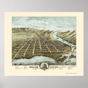 Póster Grand Haven, Mapa Panorámico de MI - 1874