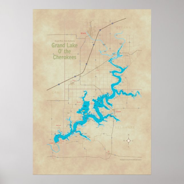 Póster Grand Lake OK map tan 19 (Frente)