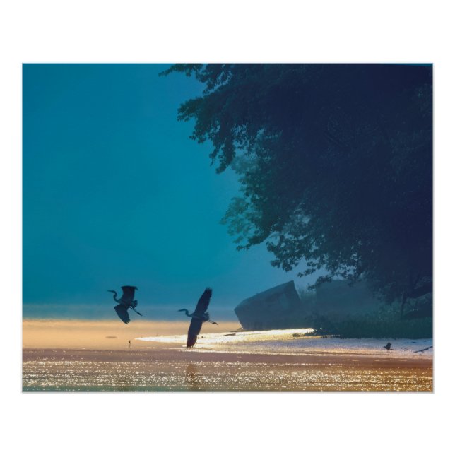 Póster Grandes Herones Azules toman vuelo -Verde azulado (Anverso)