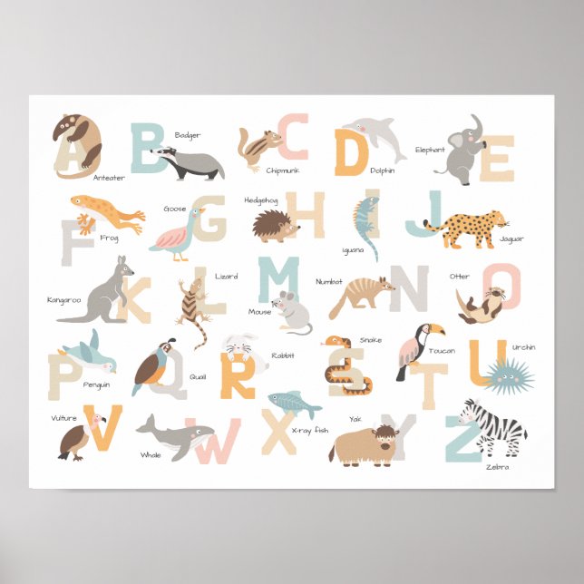 Póster Grandes letras de alfabetos animales niños (Frente)