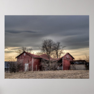 Póster Granero Rojo Antiguo Árboles de Invierno Fotografí