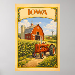 Póster Granero Rojo de Iowa y Tractor Clásico Vintage 