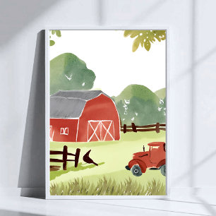 Póster Granero Rojo   Pintura de Acuarela de Tractor de G