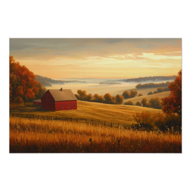 Póster Granja al amanecer con colinas onduladas (Anverso)