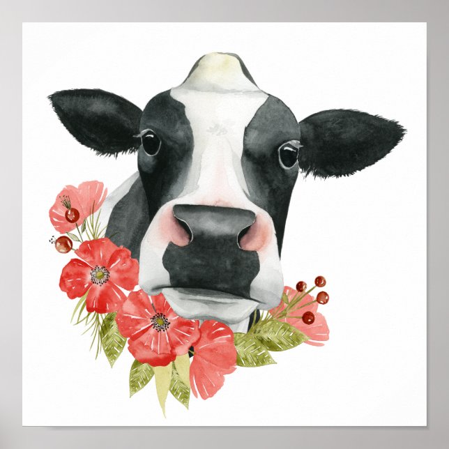 Póster Granja de amapola - Vaca con flores (Frente)