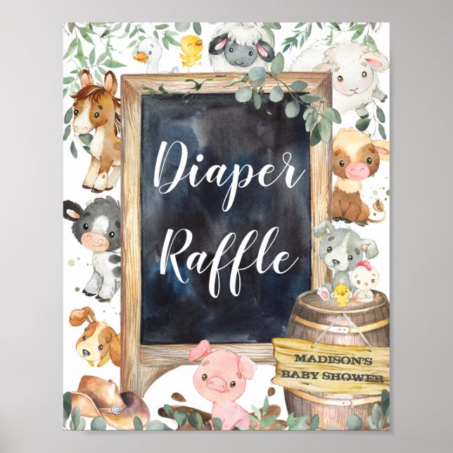Póster Granja de animales Barnyard Greenery Diaper Raffle (Frente)