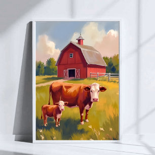 Póster Granja de animales de granero rojo pintura de vaca
