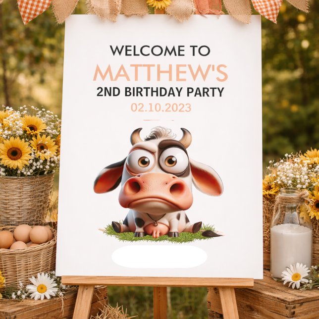 Póster Granja de animales de vaca linda Cumpleaños 2 Bien (Cute Cow Farm Animals 2nd Birthday Party Poster)