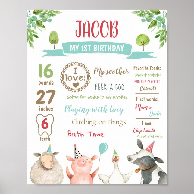 Póster Granja de animales Safari Primer niño de cumpleaño (Frente)