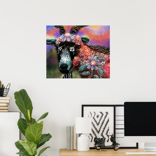 Póster Granja de cabra floral caprina animal (Oficina en casa)