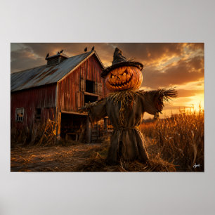Póster Granja de Calabazas Espantapájaros al Atardecer