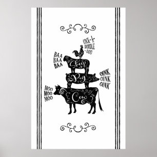 Póster Granja de campo vintage apilada animal de granja