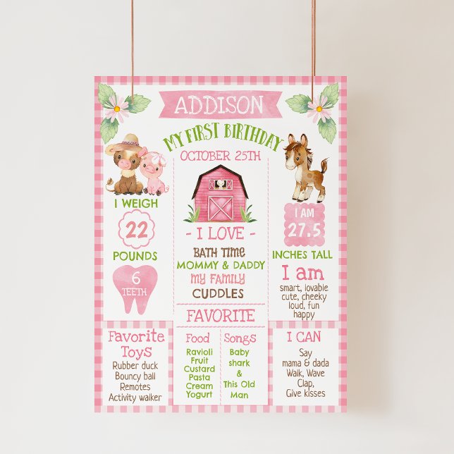 Póster Granja de Daisy Rosada Primer Poster de la fecha d (Girls Editable Pink Farm 1st Birthday Milestone Poster, Farmyard Milestone Board, Barnyard Gingham)