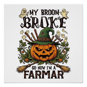 Póster Granja de Escoba Rota Calabaza de Halloween Sombre