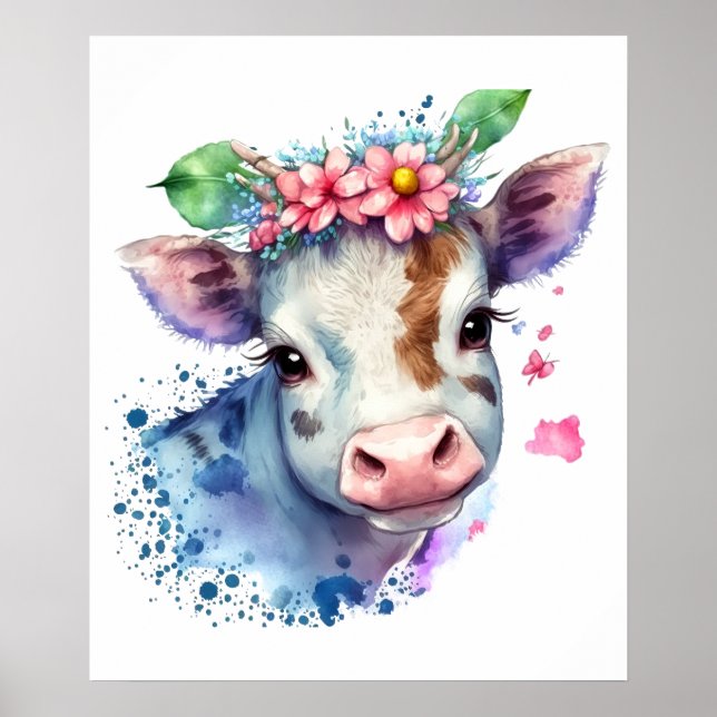 Póster Granja de Vacas Animales Flores y Mariposas Acuare (Frente)