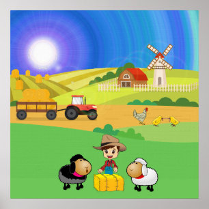 Póster Granja Encantadora, Ovejas y Pollitos