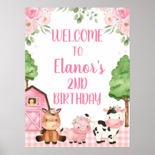 Póster Granja floral rosa bienvenida Rótulo de fiesta de