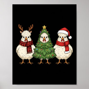 Póster Granja Retro de Navidad Silkie Pollo Santa Reno