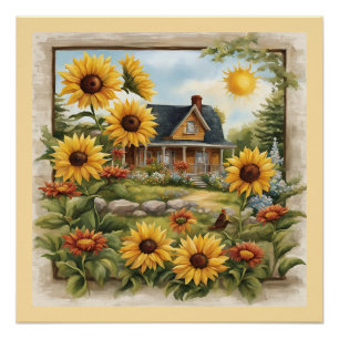 Póster Granja rural Dreamy Golden Sunflowers