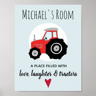 Póster Granja Tractor Rojo Doodle Niño y Nombre Guardería