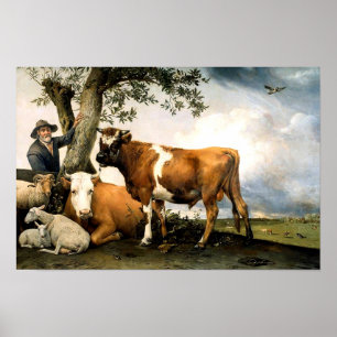 Póster Granjero con vacas y ovejas
