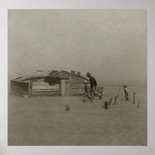 Póster Granjero e hijos que caminan en una tormenta del