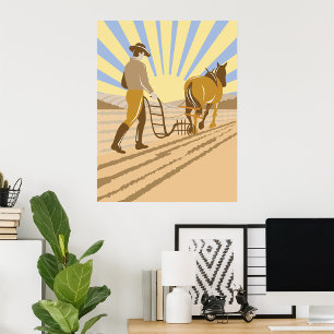 Póster Granjero y caballo arando campo amanecer retro