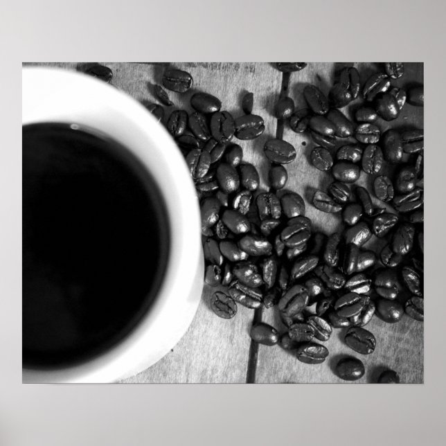 Póster Granos de café blancos y negros y una copa de café (Frente)