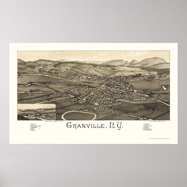 Póster Granville, Mapa Panorámico de Nueva York - 1886 (Frente)
