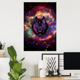 Póster Graphic Art, Purple Cosmic Wolf Illustration