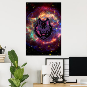Póster Graphic Art, Purple Cosmic Wolf Illustration