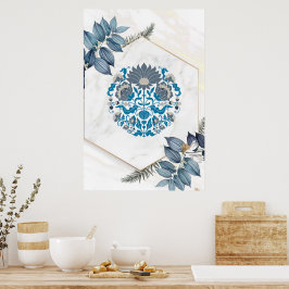 Póster Graphic Art, Teal Floral Mandala Illustration