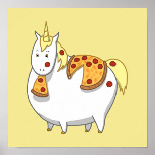 Póster Grasa divertida unicornio comiendo Pepperoni Pizza