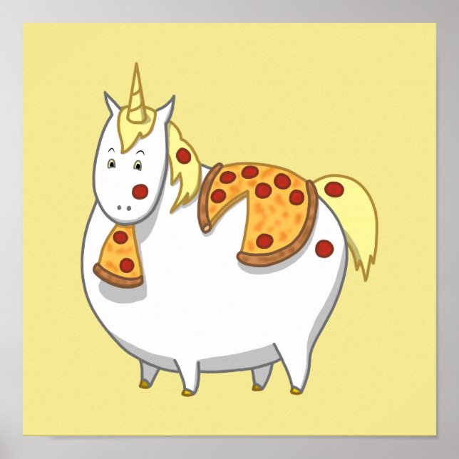 Póster Grasa divertida unicornio comiendo Pepperoni Pizza (Frente)
