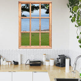 Póster Grasa, hojas y vistas al mar desde una ventana