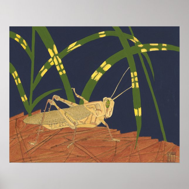Póster Grasshopper in Green Grass on Blue Background (Frente)